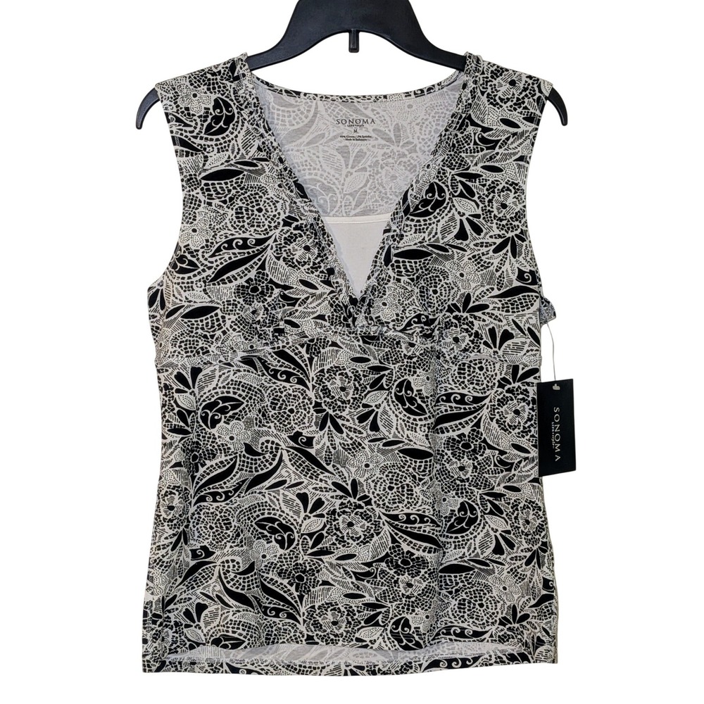 SONOMA LifeStyle Black‎ White Floral Print Sleeveless V Neck Top Medium NWT